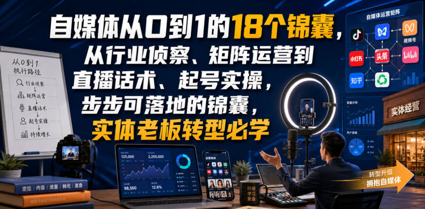 自媒体从0到1的18个锦囊,从行业侦察、矩阵运营到直播话术、起号实操,步步可落地的锦囊,实体老板转型必学-来聚吧