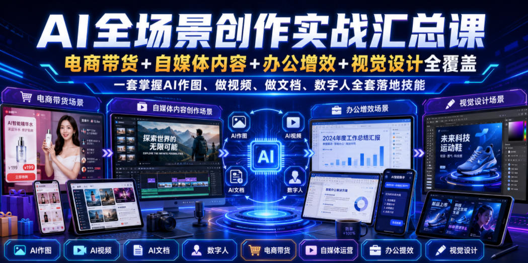 AI全场景创作实战汇总课|电商带货+自媒体内容+办公增效+视觉设计全覆盖,一套掌握AI作图、做视频、做文档、数字人全套落地技能-来聚吧