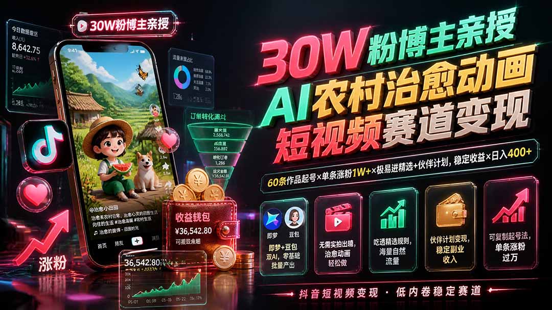 30W粉博主亲授AI农村治愈动画短视频赛道变现:60条作品起号×单条涨粉1W+×极易进精选+伙伴计划,稳定收益×日入400+-来聚吧