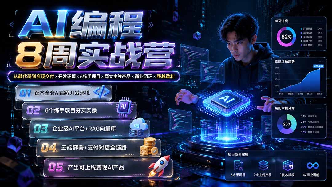 AI编程8周实战营:从敲代码到变现交付×开发环境×6练手项目×两大主线产品×商业闭环×跨越盈利-来聚吧