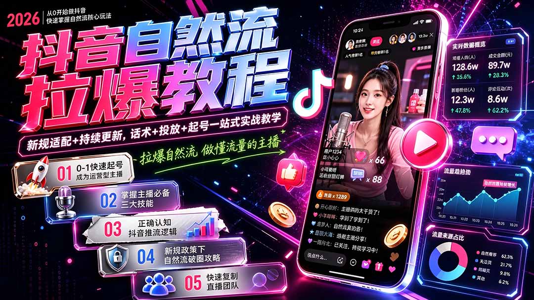 抖音自然流拉爆教程-更新7月:做懂流量的主播,新规适配+持续更新,话术+投放+起号一站式实战教学-来聚吧