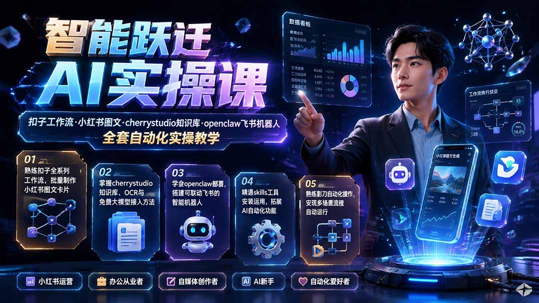 智能跃迁 AI实操课|扣子工作流小红书图文搭建,cherrystudio知识库openclaw飞书机器人全套自动化实操教学-来聚吧