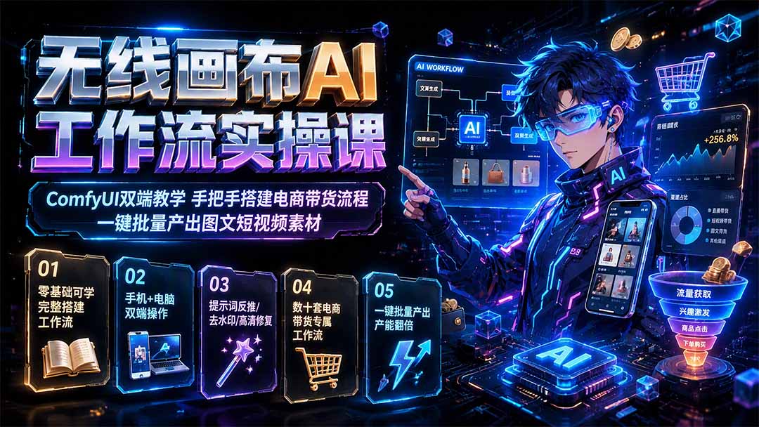 无线画布AI工作流实操课|ComfyUI双端教学,手把手搭建电商带货流程,一键批量产出图文短视频素材-来聚吧