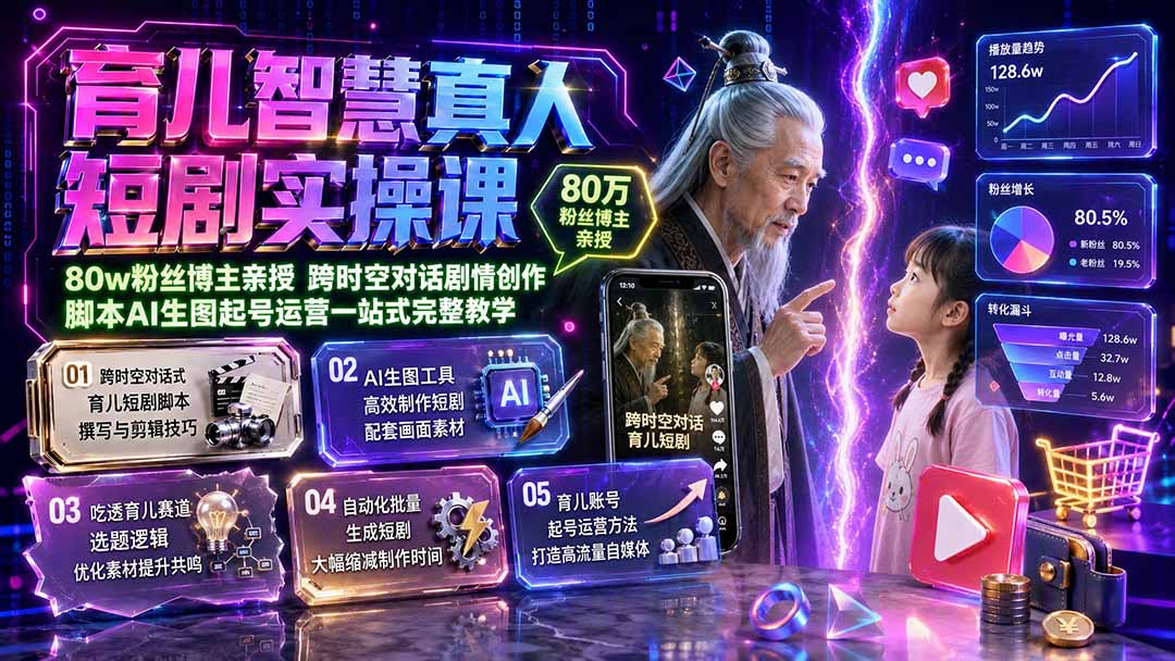 育儿智慧真人短剧实操课|80w粉丝博主亲授,跨时空对话剧情创作,脚本AI生图起号运营一站式完整教学-来聚吧