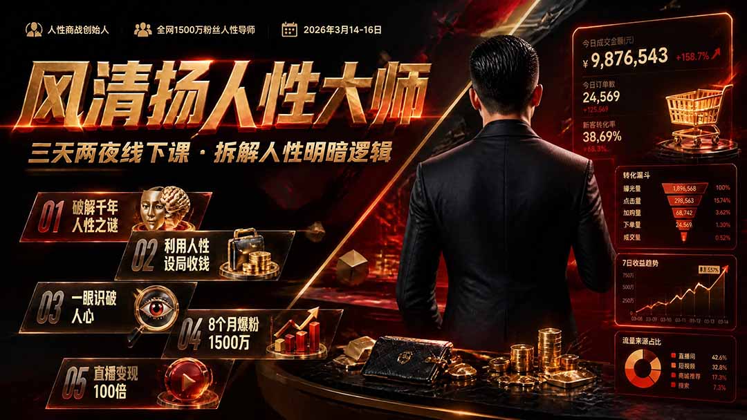 风清扬人性大师-三天两夜3月14-16线下课2026年|拆解人性明暗逻辑,识人避坑,千万粉涨粉+直播百倍变现实战教学-来聚吧