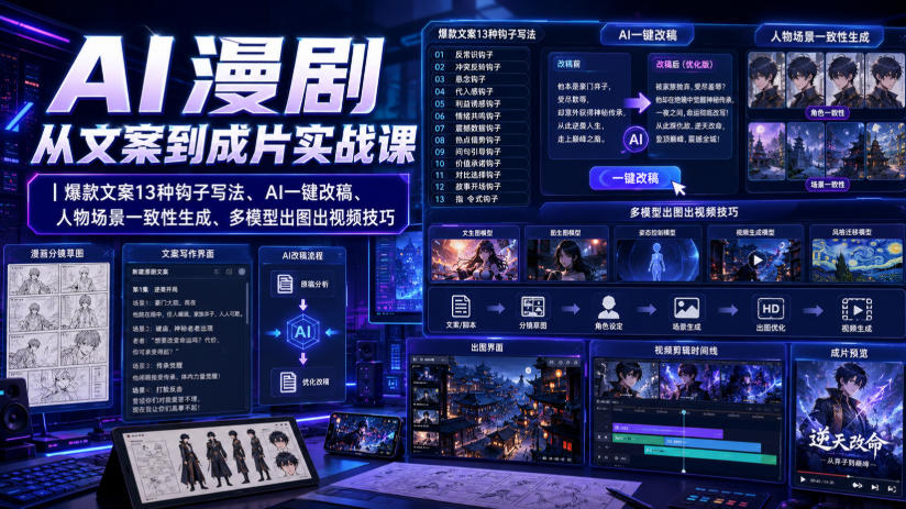 AI漫剧从文案到成片实战课|爆款文案13种钩子写法、AI一键改稿、人物场景一致性生成、多模型出图出视频技巧-来聚吧
