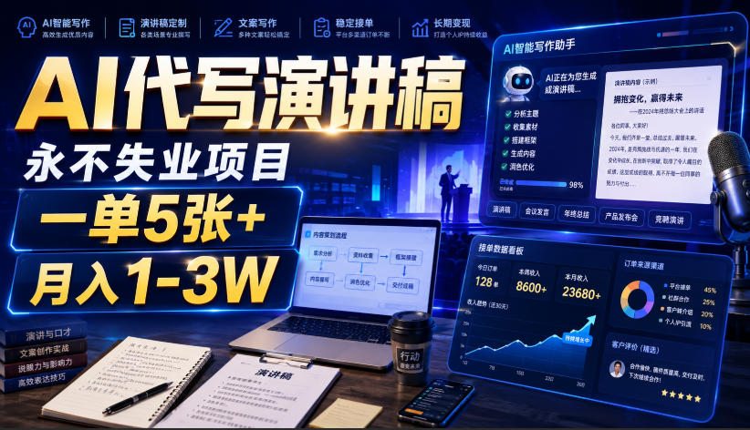 AI代写演讲稿,永不失业项目,一单5张+,月入1-3W【揭秘】-来聚吧