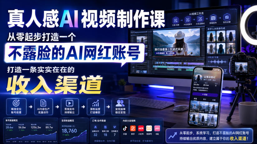 真人感AI视频制作课,从零起步打造一个不露脸的AI网红账号,打造一条实实在在的收入渠道【原创双语字幕】-来聚吧