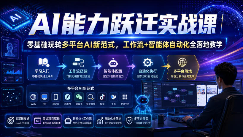 AI能力跃迁实战课|零基础玩转多平台AI新范式,工作流+智能体自动化全落地教学-来聚吧