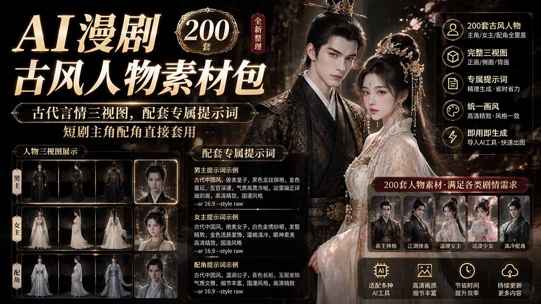 AI漫剧古风人物素材包+提示词|200 套古代言情三视图,配套专属提示词短剧主角配角直接套用-来聚吧