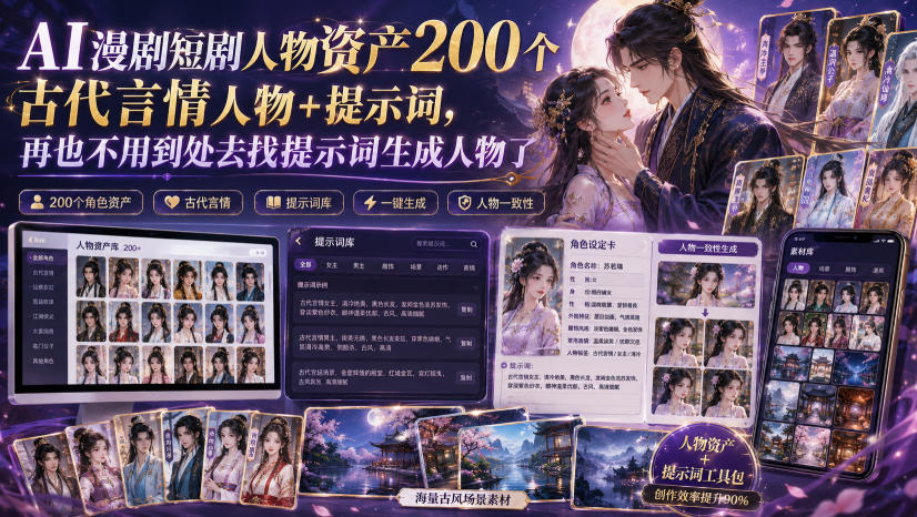 AI漫剧短剧人物资产200个古代言情人物+提示词,再也不用到处去找提示词生成人物了-来聚吧