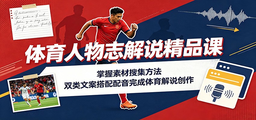 体育人物志解说精品课:掌握素材搜集方法,双类文案搭配配音完成体育解说创作-来聚吧