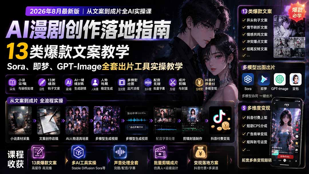 AI漫剧创作落地指南|13类爆款文案教学,Sora、即梦、GPT-Image全套出片工具实操教学-来聚吧