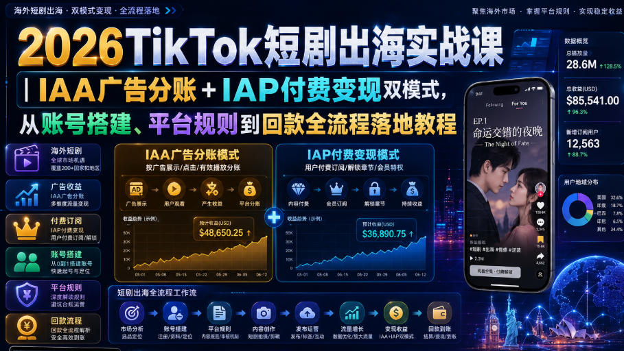 2026TikTok短剧出海实战课|IAA广告分账+IAP付费变现双模式,从账号搭建、平台规则到回款全流程落地教程-来聚吧