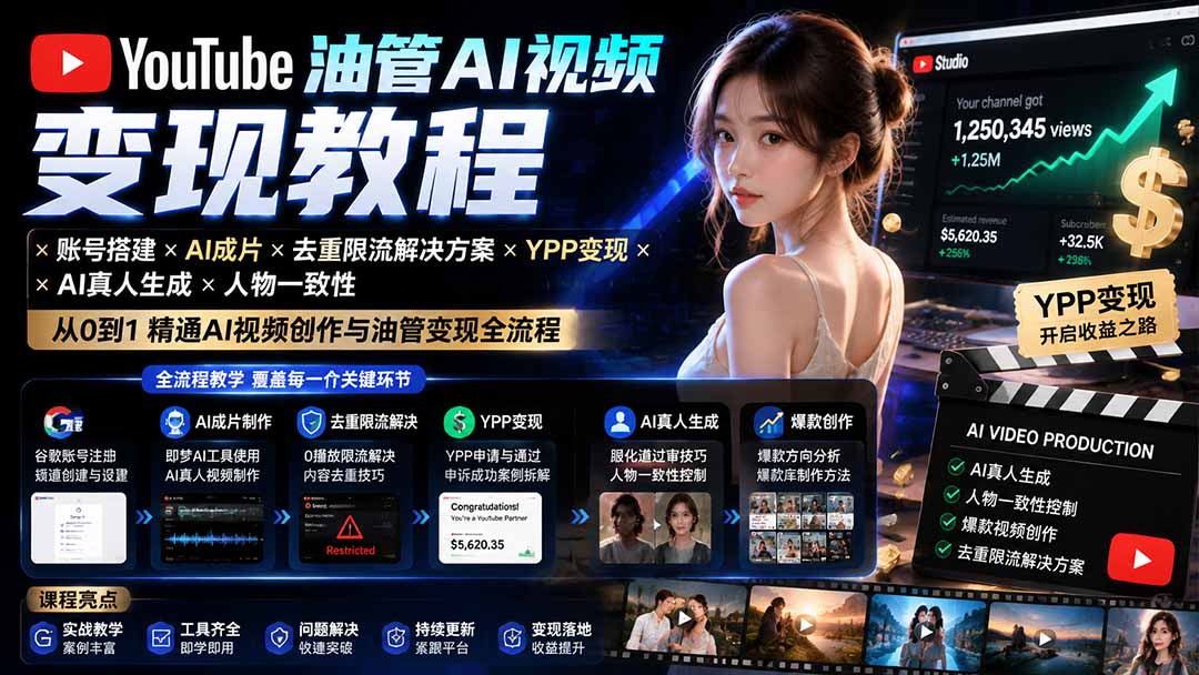 YouTube油管AI视频变现教程:账号搭建×AI成片×去重限流解决方案×YPP变现×AI真人生成×人物一致性-来聚吧
