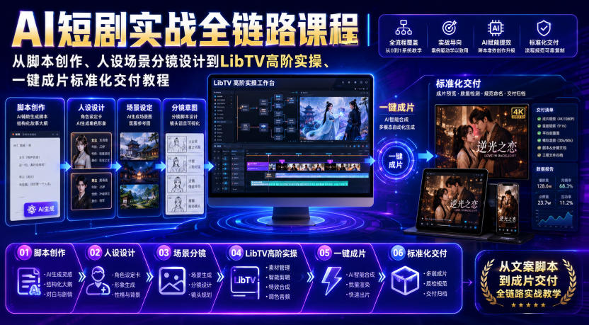 AI短剧实战全链路课程|从脚本创作、人设场景分镜设计到LibTV高阶实操、一键成片标准化交付教程-来聚吧