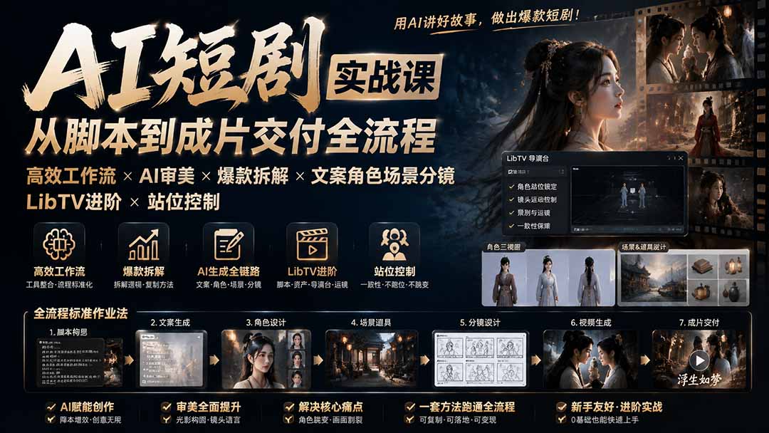 AI短剧实战课:高效工作流×AI审美×爆款拆解×文案角色场景分镜×LibTV进阶×站位控制×从脚本到成片交付全流程-来聚吧