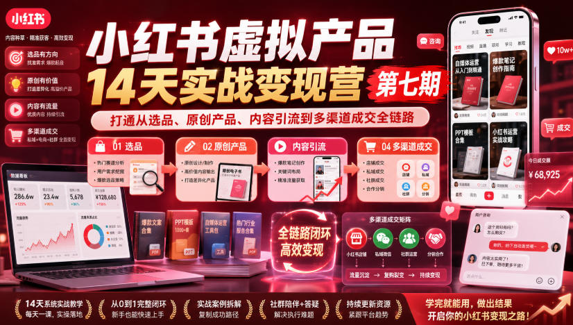 小红书虚拟产品14天实战变现营第七期,打通从选品、原创产品、内容引流到多渠道成交全链路-来聚吧