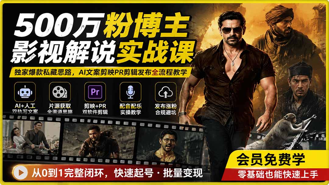 500万粉博主影视解说实战课|独家爆款私藏思路,AI文案剪映PR剪辑发布全流程教学-来聚吧