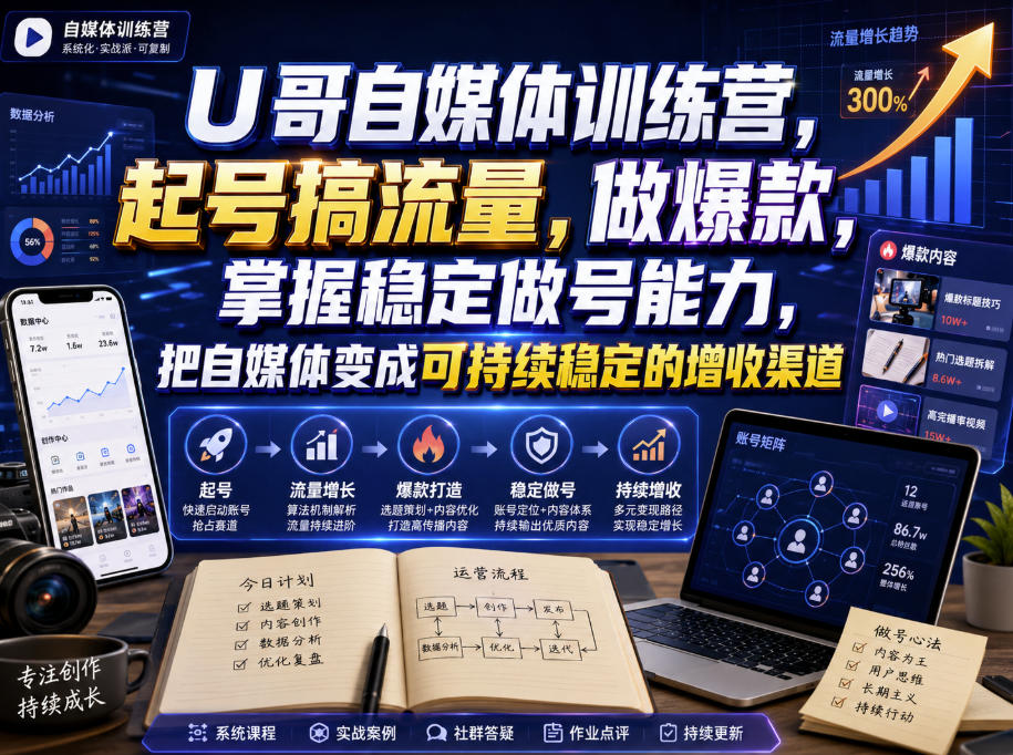 U哥自媒体训练营,起号搞流量,做爆款,掌握稳定做号能力,把自媒体变成可持续稳定的增收渠道-来聚吧