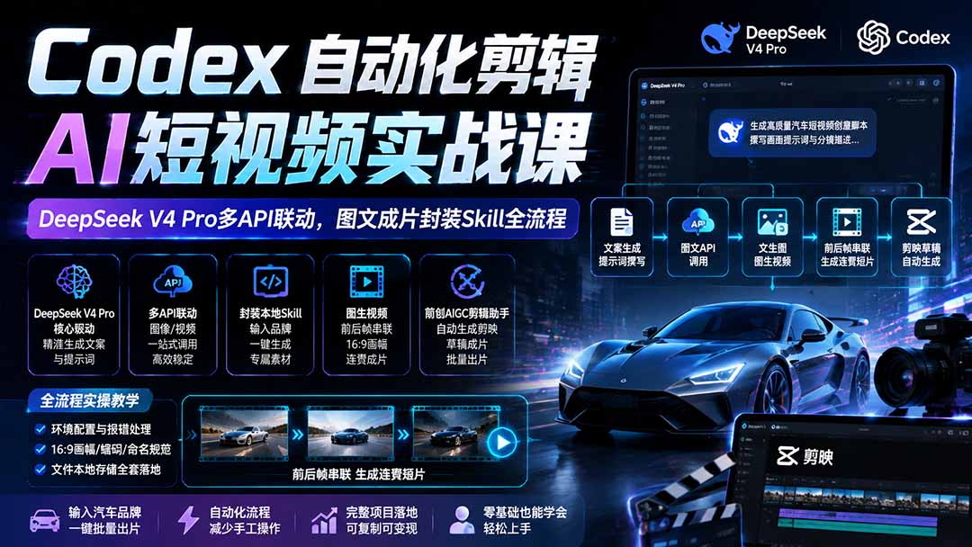 Codex自动化剪辑AI短视频实战课|DeepSeek V4 Pro多API联动,图文成片封装Skill全流程-来聚吧