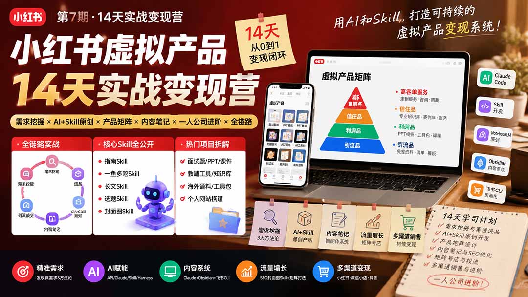 小红书虚拟产品14天实战变现营-第7期:需求挖掘×AI+Skill原创×产品矩阵×内容笔记×一人公司进阶×全链路-来聚吧