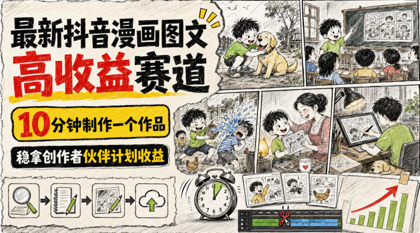 最新抖音漫画图文高收益赛道，10分钟制作一个作品，稳拿创作者伙伴计划收益-来聚吧