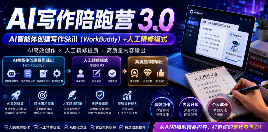 AI写作陪跑营3.0,Ai智能体创建写作skill(workbuddy)+人工手写模式(手搓模式),去除AI痕迹(头条号、公众号、百家号)(更新0806)-来聚吧