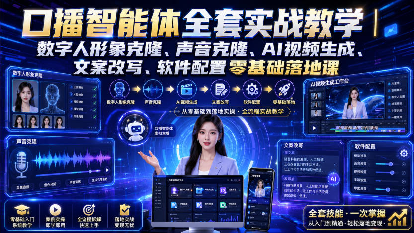 口播智能体全套实战教学|数字人形象克隆、声音克隆、AI视频生成、文案改写、软件配置零基础落地课-来聚吧