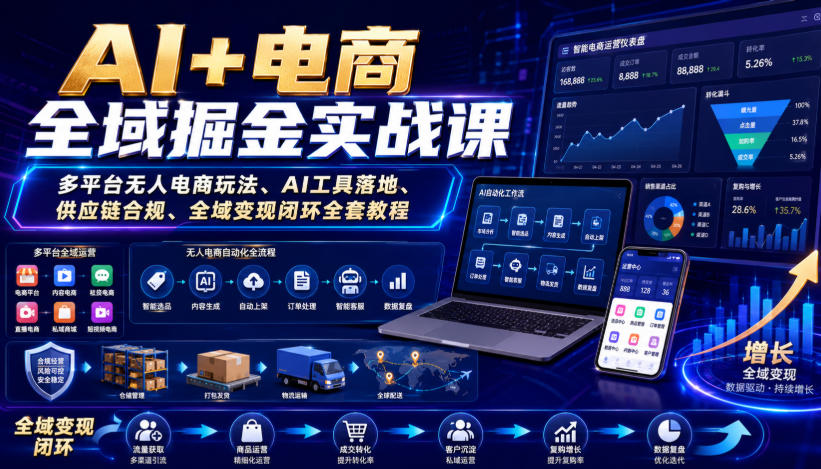 AI+电商全域掘金实战课|多平台无人电商玩法、AI工具落地、供应链合规、全域变现闭环全套教程-来聚吧