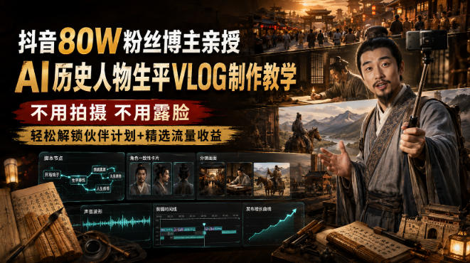 抖音80W粉丝博主的AI历史人物生平VLOG教学，不用拍摄不用露脸，AI帮你搞定，轻松解锁伙伴计划+精选收益-来聚吧