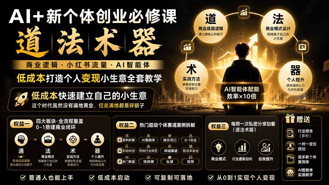 AI+新个体创业必修课|道法术器|商业逻辑·小红书流量·AI智能体|低成本打造个人变现小生意全套教学-来聚吧