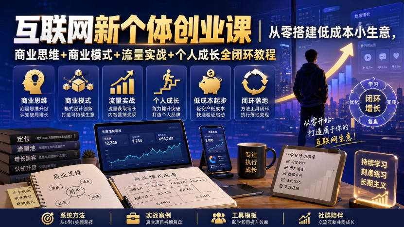 互联网新个体创业课|从零搭建低成本小生意,商业思维+商业模式+流量实战+个人成长全闭环教程-来聚吧