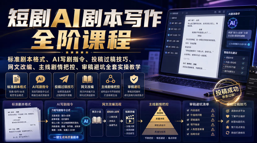 短剧AI剧本写作全阶课程｜标准剧本格式、AI写剧指令、投稿过稿技巧、网文改编、主线剧情把控、审稿避坑全套实操教学-来聚吧