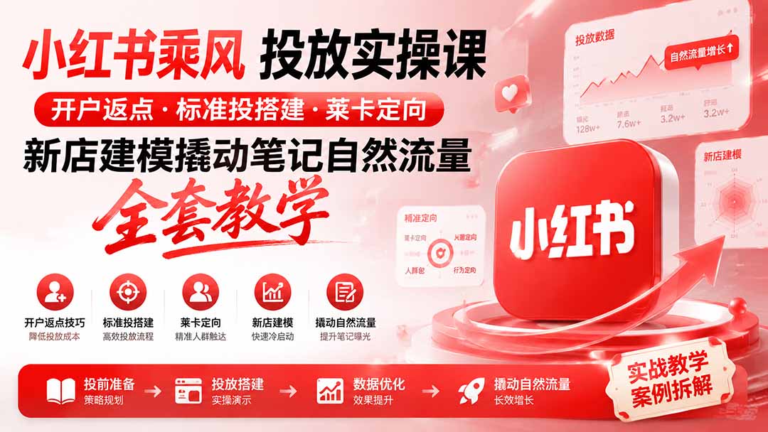 小红书乘风投放-100分钟实操课|开户返点·标准投搭建·莱卡定向,新店建模撬动笔记自然流量全套教学-来聚吧