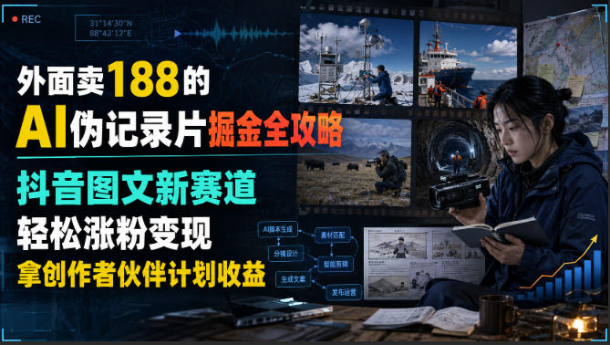 外面卖188的AI伪记录片掘金全攻略,抖音图文新赛道,轻松涨粉变现,拿创作者伙伴计划收益【文档】-来聚吧