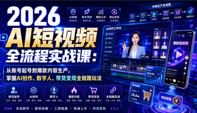 2026 AI短视频全流程实战课:从账号起号到爆款内容生产,掌握AI创作、数字人、带货变现全链路玩法-来聚吧