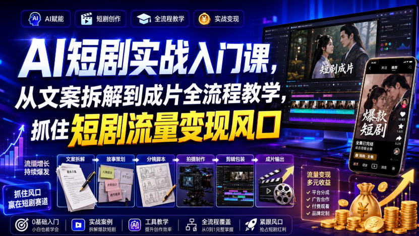 AI短剧实战入门课,从文案拆解到成片全流程教学,抓住短剧流量变现风口-来聚吧