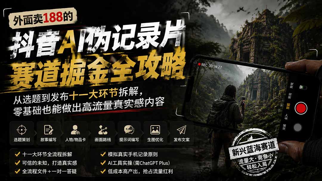 外面卖188的抖音AI伪记录片赛道掘金全攻略;从选题到发布十一大环节拆解,零基础也能做出高流量真实感内容-来聚吧