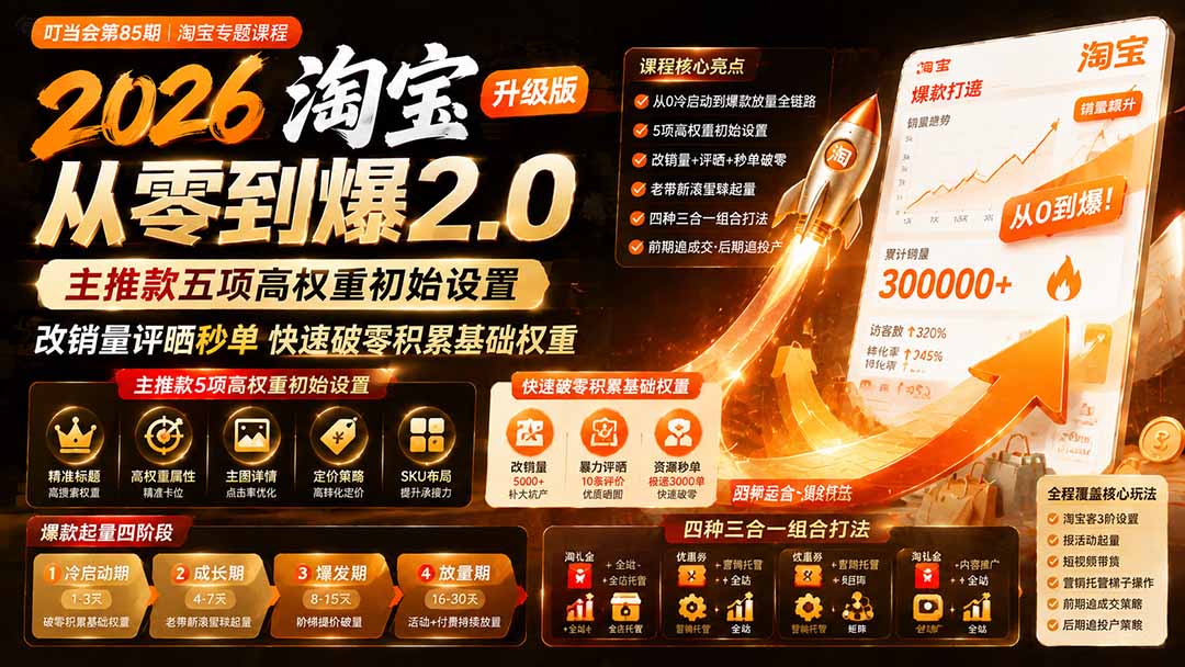 2026淘宝从零到爆2.0第85期;主推款五项高权重初始设置,改销量评晒秒单快速破零积累基础权重-来聚吧