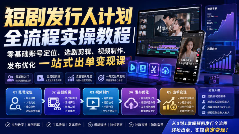 短剧发行人计划全流程实操教程|零基础账号定位、选剧剪辑、视频制作、发布优化一站式出单变现课-来聚吧