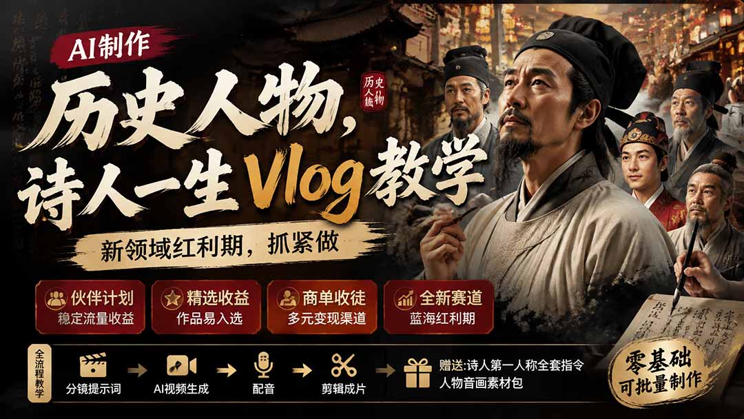 历史人物,诗人一生Vlog教学, AI制作丨伙伴计划丨精选收益丨商单收徒 ,新领域红利期,抓紧做-来聚吧