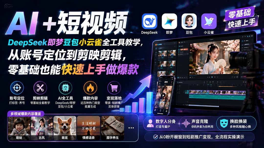 AI+短视频|DeepSeek即梦豆包小云雀全工具教学,从账号定位到剪映剪辑,零基础也能快速上手做爆款-来聚吧