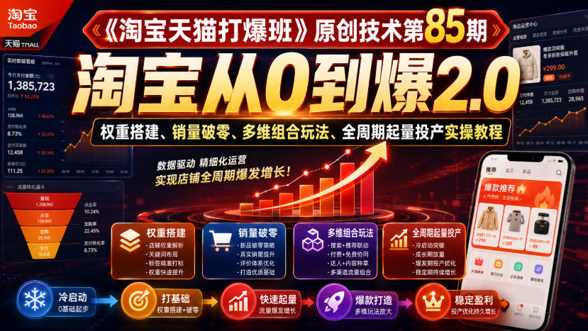 《淘宝天猫打爆班》原创技术第85期,淘宝从0到爆2.0,权重搭建、销量破零、多维组合玩法、全周期起量投产实操教程-来聚吧