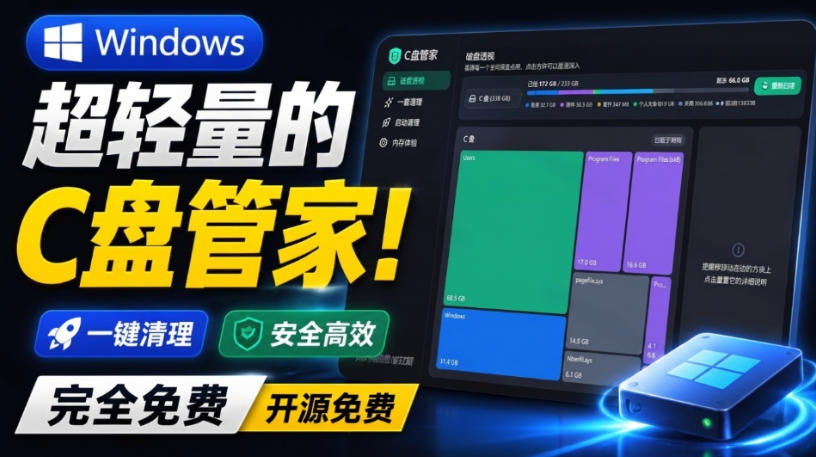 Windows超轻量的C盘管家!超级有特点,支持磁盘分析及清理提醒,2M大小体积,完全免费C盘管家-来聚吧