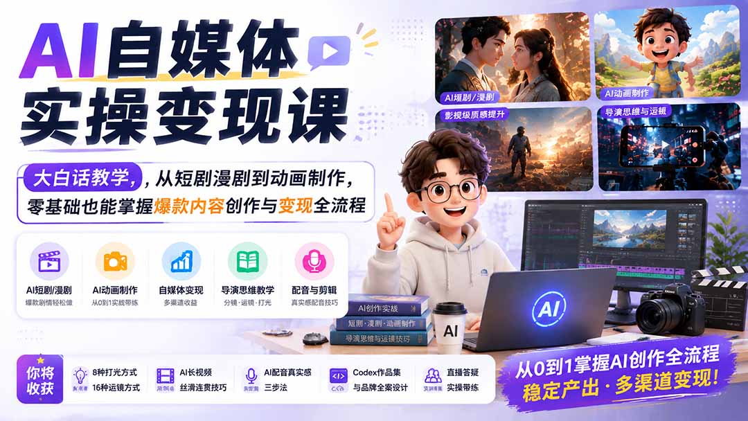 AI自媒体实操变现课｜大白话教学，从短剧漫剧到动画制作，零基础也能掌握爆款内容创作与变现全流程-来聚吧