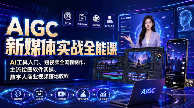 AIGC新媒体实战全能课|AI工具入门、短视频全流程制作、主流绘图软件实操、数字人商业视频落地教程-来聚吧