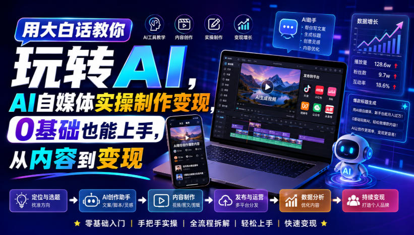 用大白话教你玩转AI，AI自媒体实操制作变现，0基础也能上手，从内容到变现-来聚吧