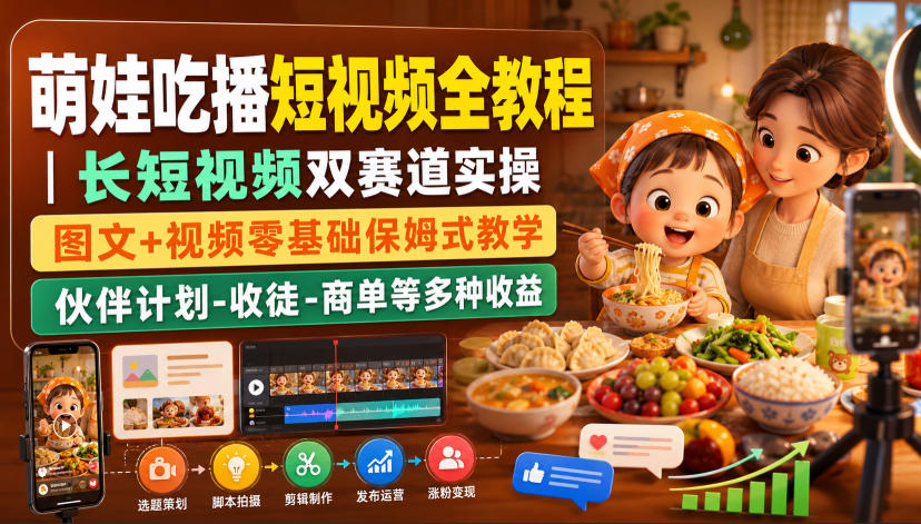 萌娃吃播短视频全教程｜长短视频双赛道实操，图文+视频零基础保姆式教学，伙伴计划-收徒-商单等多种变现方式-来聚吧