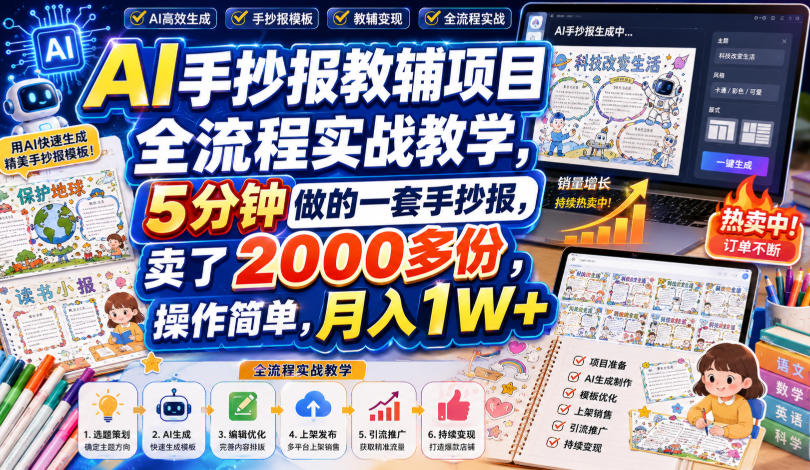 AI手抄报教辅项目全流程实战教学,5分钟做的一套手抄报,卖了2000多份,操作简单,月入1W+-来聚吧
